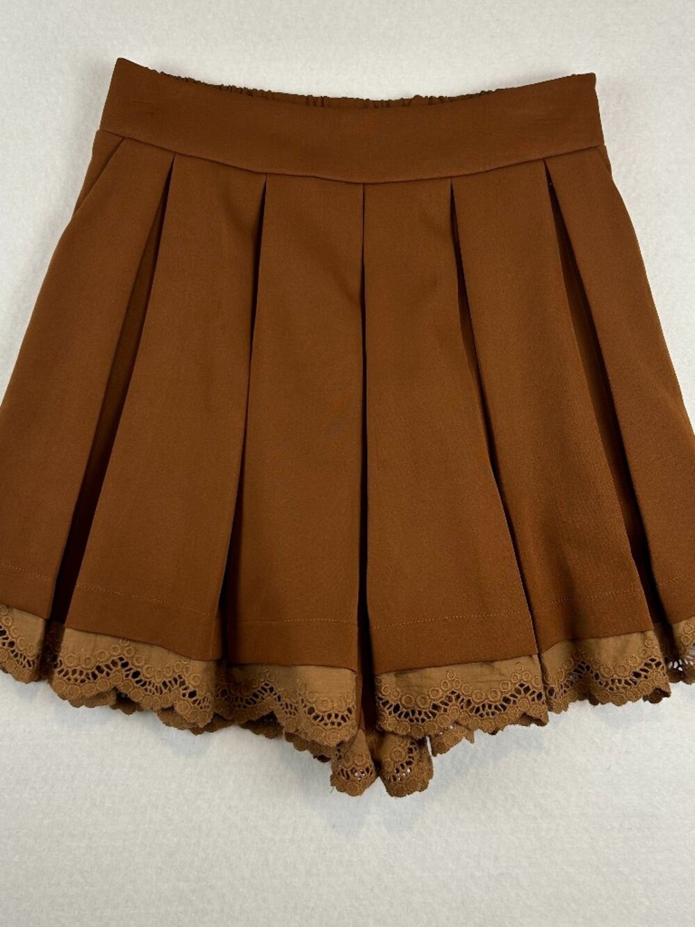 CIDER | Brown Pleated Skort Mini Skirt with a Decorative Lace Hem, Small